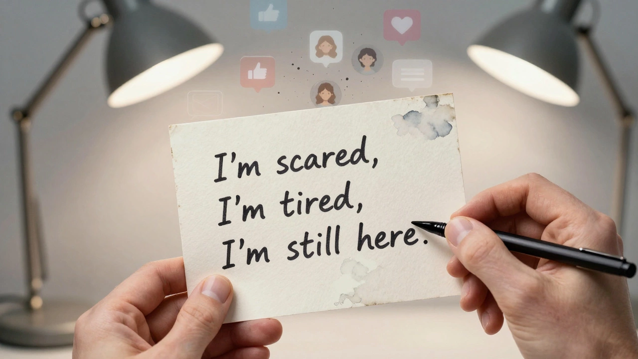 A hand writes a legal name and three honest phrases on a notecard as digital icons fade in the background.