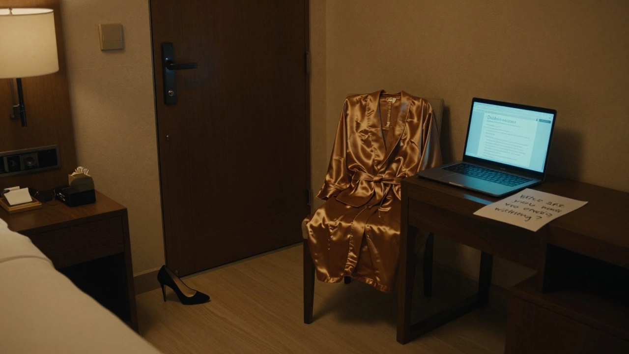 An empty Dubai hotel room with a laptop showing search results and a folded note on the nightstand.
