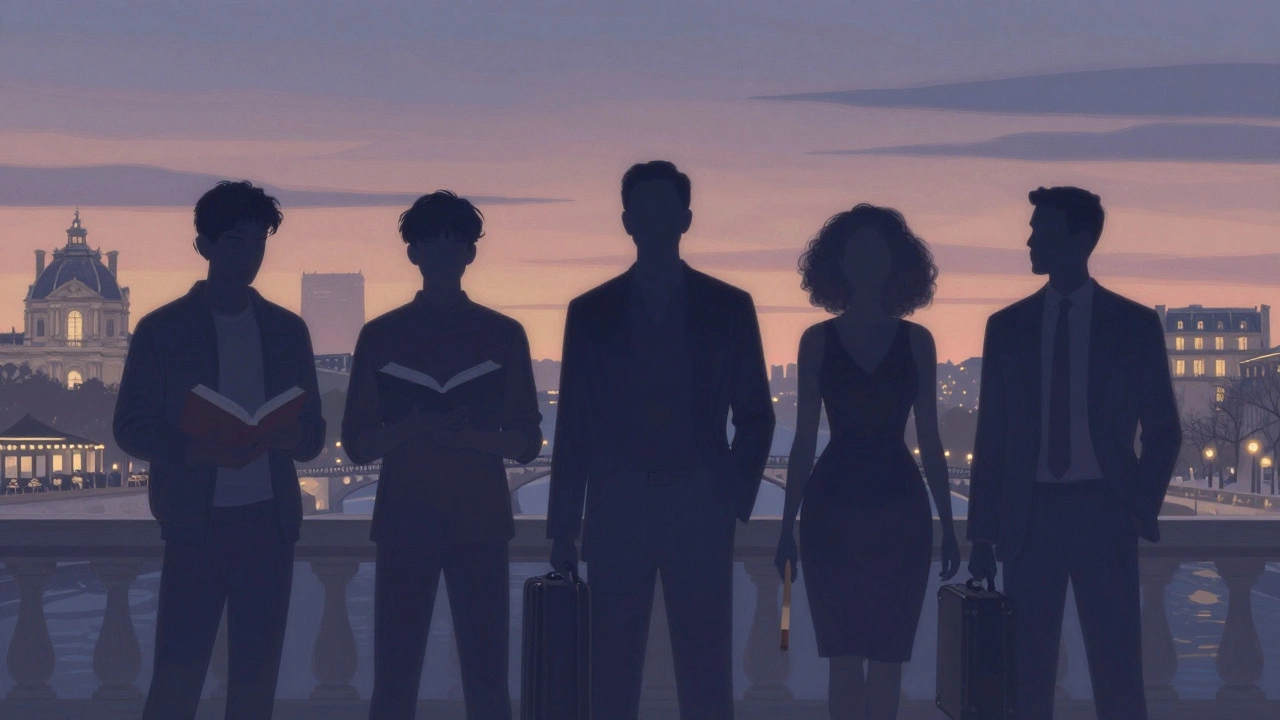 Silhouettes of three professionals against a Paris skyline, symbolizing diverse lives behind escort work.
